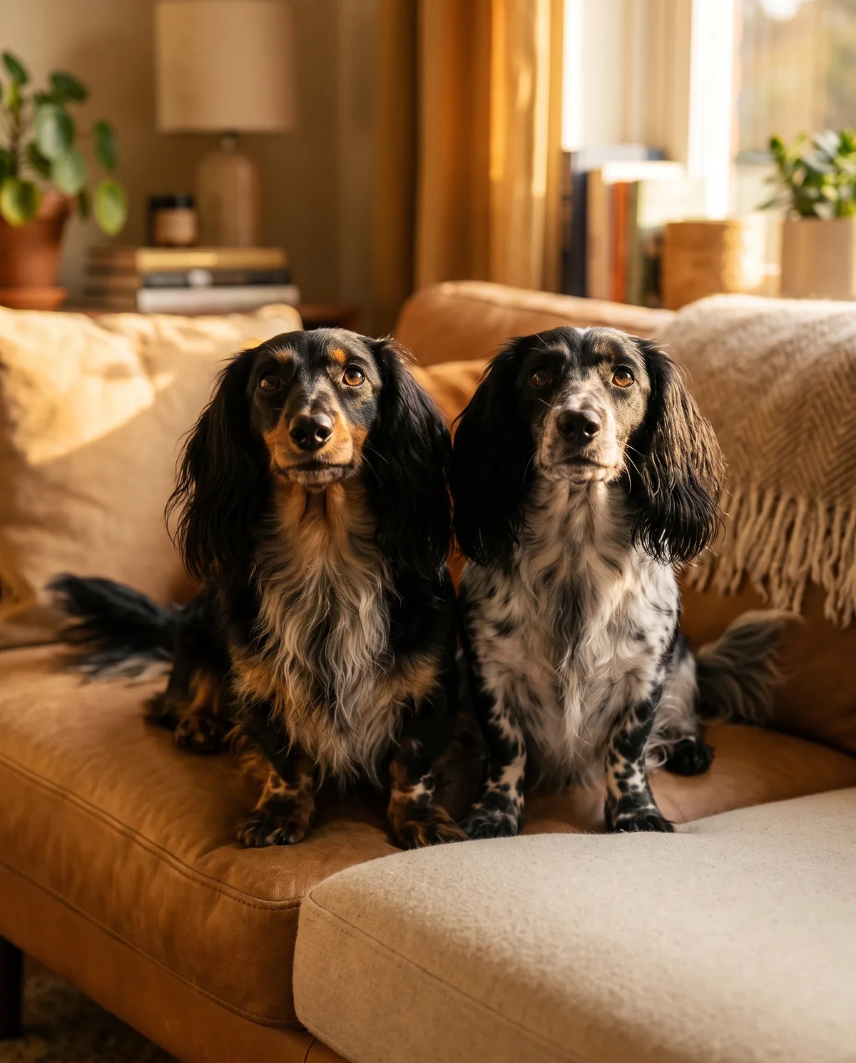 Marley and Mia sitting together on a sunny sofa, looking up eagerly as if waiting for the mail